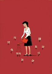 Woman is watering flowers from a watering can. Illustration.