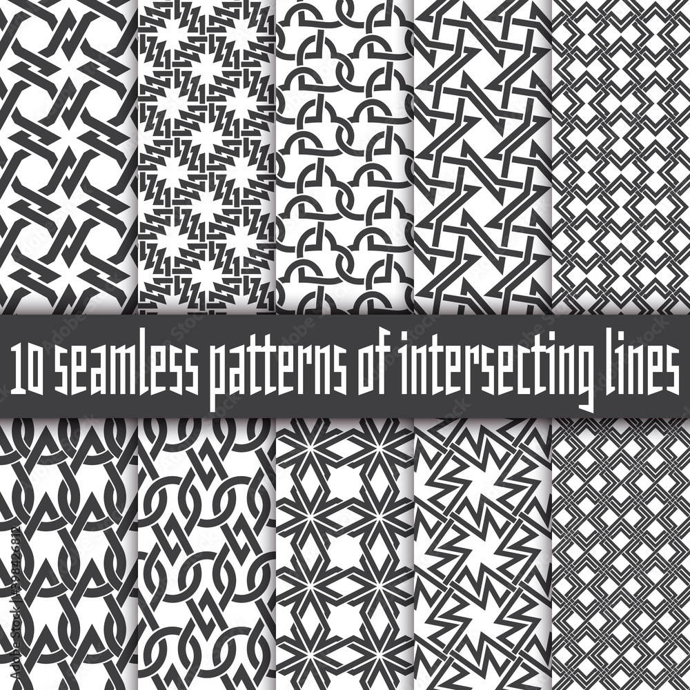 Poster set of ten abstract patterns. black and white seamless vector backgrounds.