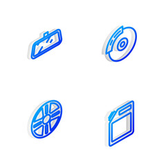 Set Isometric line Car brake disk with caliper, mirror, Alloy wheel and Canister for gasoline icon. Vector.