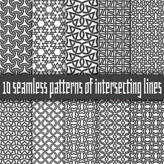 Set of ten abstract patterns. Black and white seamless vector backgrounds.