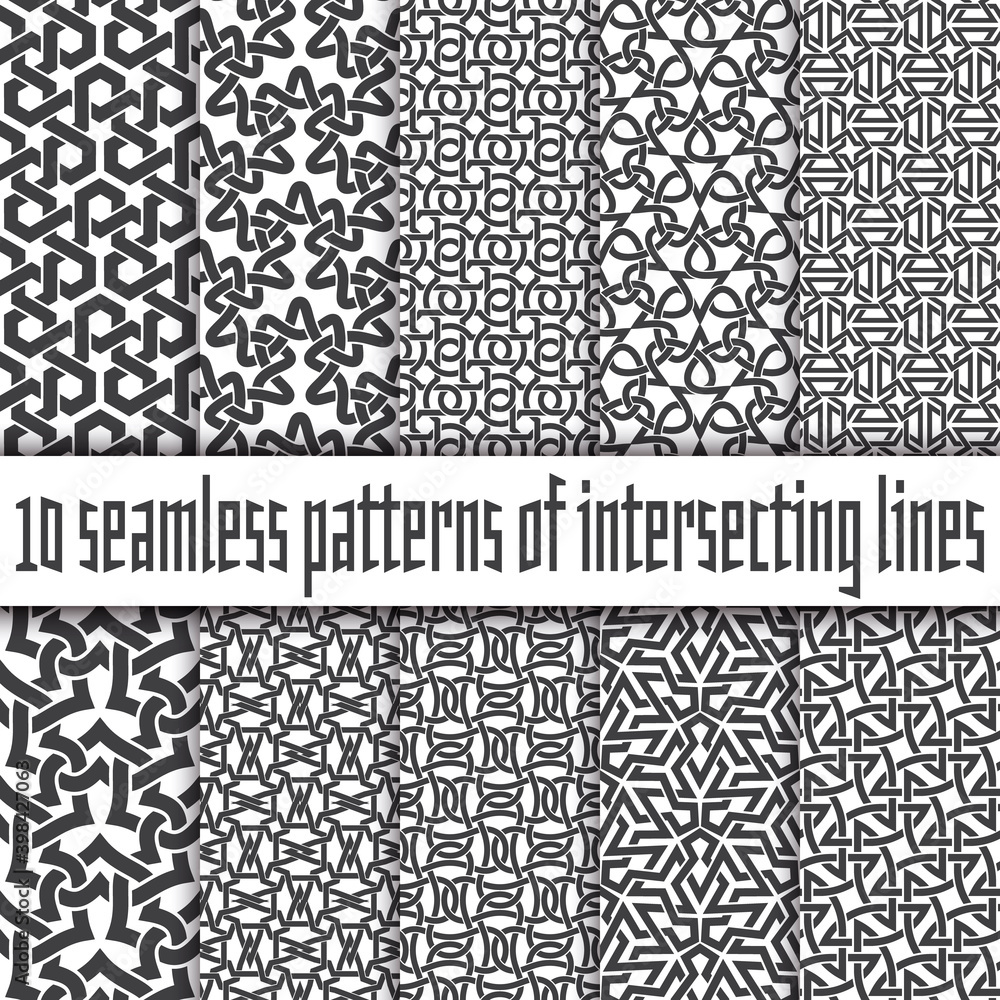 Poster vector set of abstract seamless patterns. ten swatches of black lines on white backgrounds.