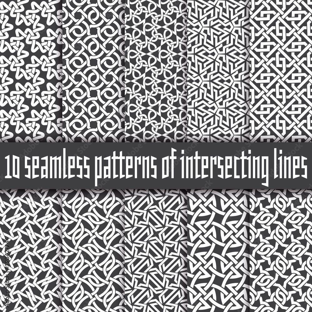 Poster vector set of abstract seamless patterns. ten swatches of white lines on black backgrounds.