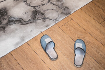 Gray home slippers standing on the floor