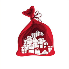 Santa Claus sack with gifts inside. Christmas design in paper style. Vector illustration