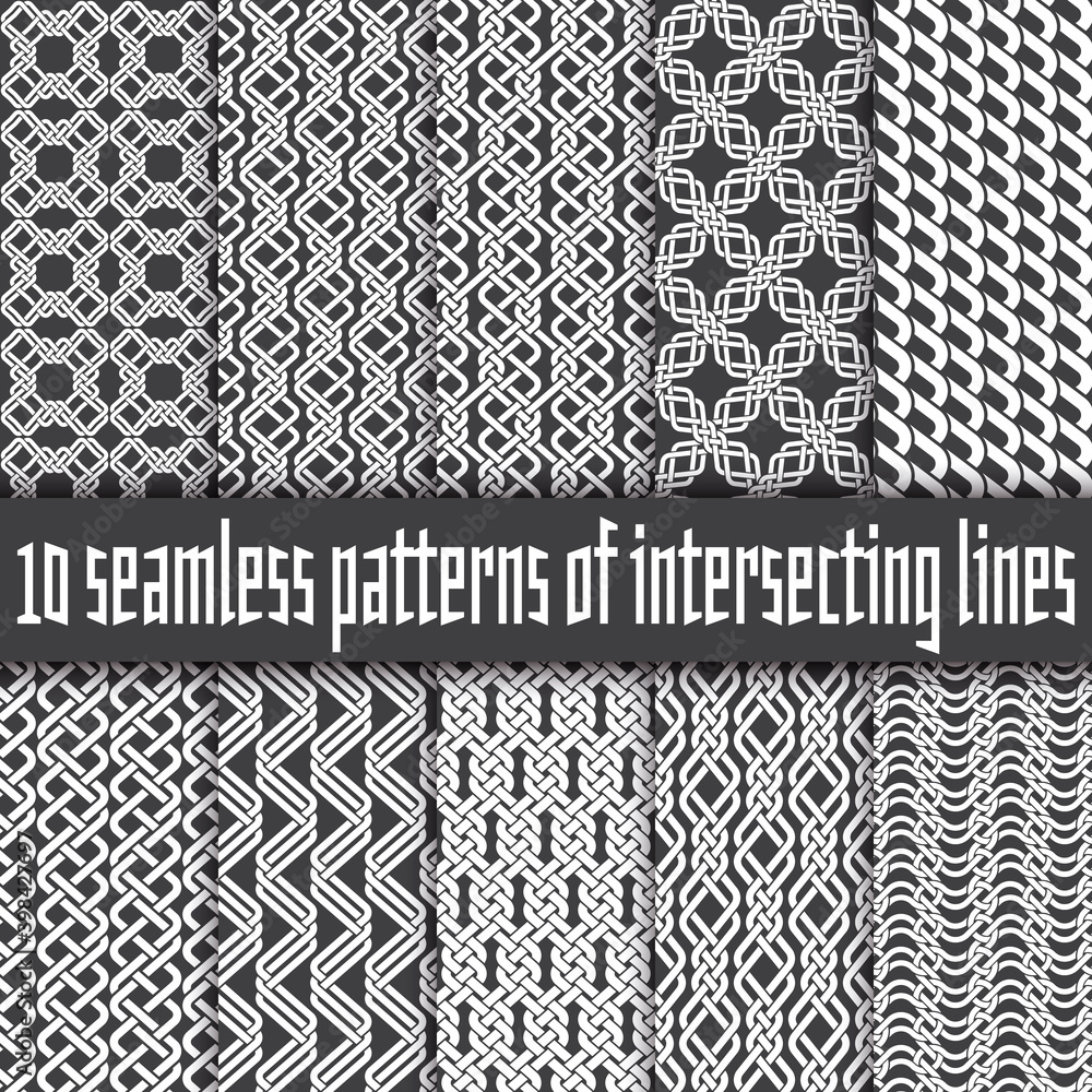 Poster vector set of abstract seamless patterns. ten swatches of white lines on black backgrounds.