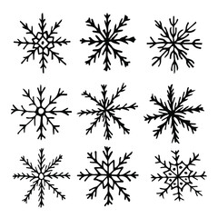 Set of doodle snowflakes. Hand drawn crystal snowflakes on white background. Big set for decor, wrapping paper, icons.