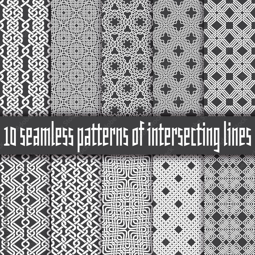 Poster vector set of abstract seamless patterns. ten swatches of white lines on black backgrounds.