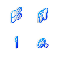 Set Isometric line Tooth with caries, Painkiller tablet, Dental floss and search icon. Vector.