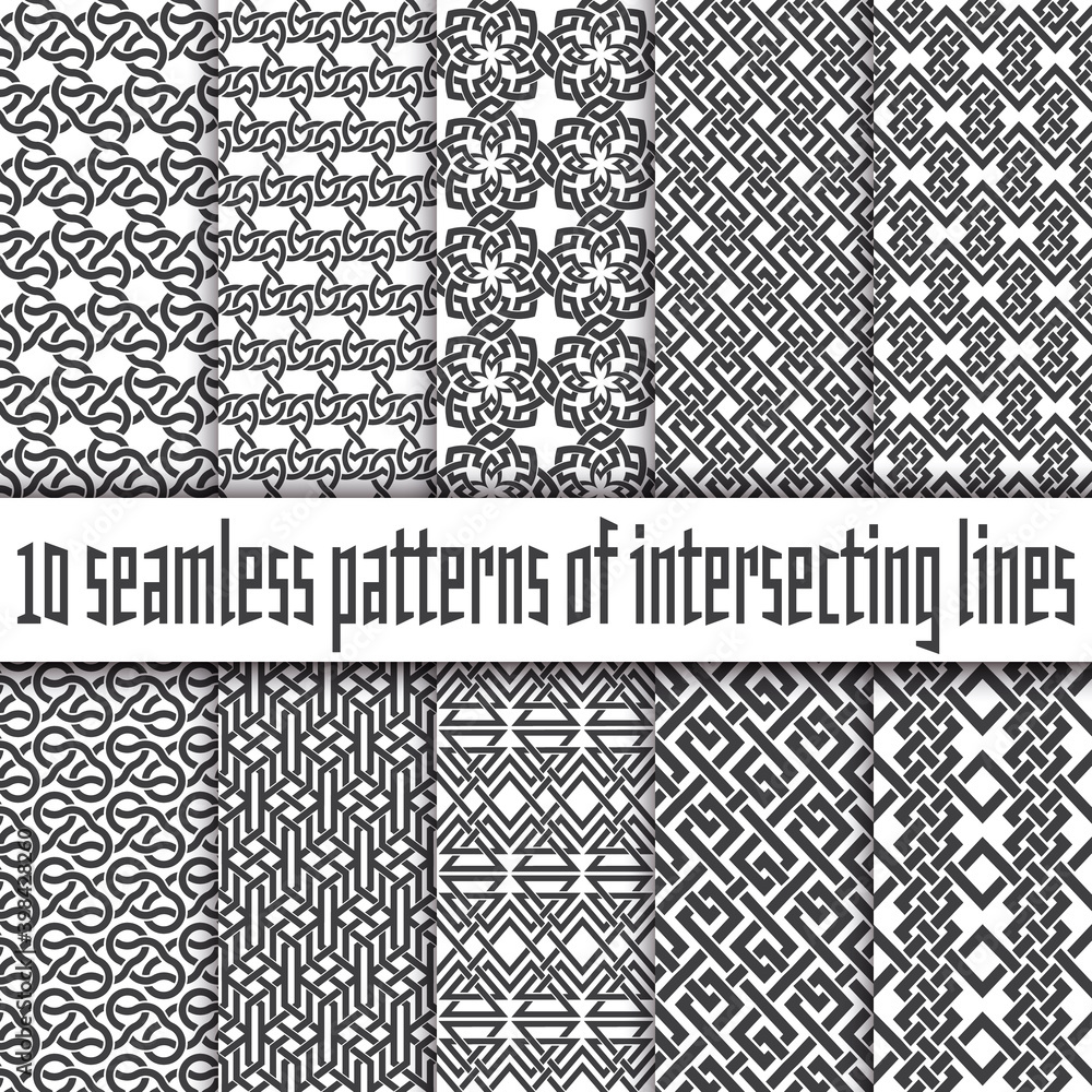 Poster vector set of abstract seamless patterns. ten swatches of black lines on white backgrounds.