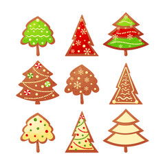 Set of Christmas gingerbread trees on a white background.