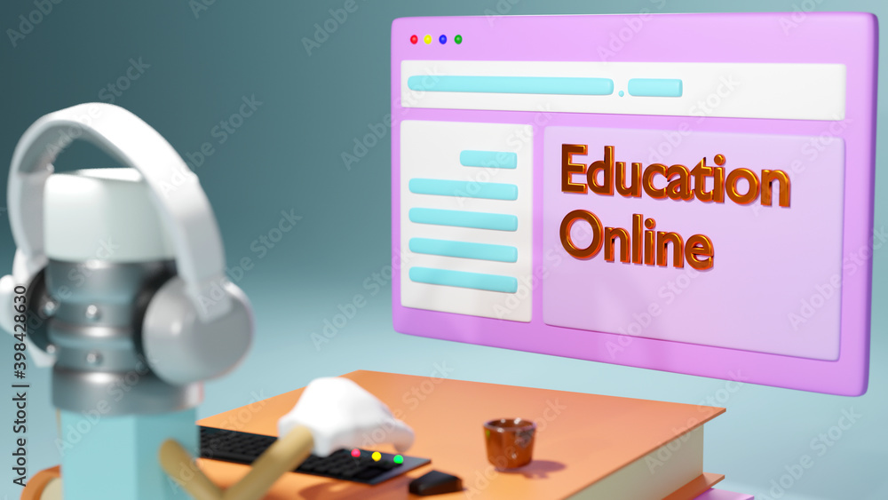 Poster 3d rendering of closeup computer set on books that represents education online concept. learning thr