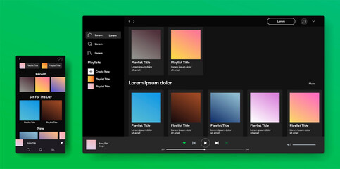 Responsive music player design. Spotify desctop interface. Profile, Album, Song, Playlist mockup. Web and mobile screen. Social media network. Vector illustration.