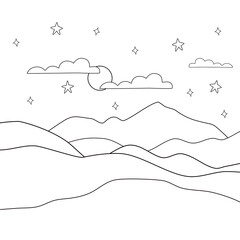 coloring page,view of mountain at night.