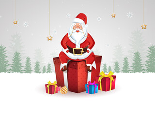 Illustration Of Santa Claus Sitting On 3D Gift Boxes With Baubles And Golden Stars Hang Decorated Snowy Landscape Background