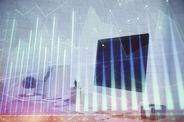 Double exposure of stock market graph drawing and office interior background. Concept of financial analysis.