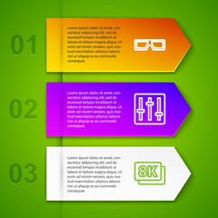 Set line 3D cinema glasses, Sound mixer controller, 8k Ultra HD and Microphone. Business infographic template. Vector.