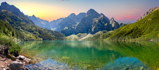 Panorama of Morskie Oko in the Mountains