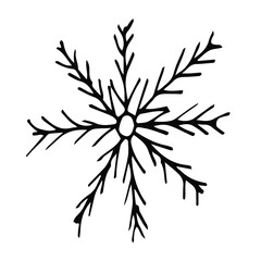 Cute snowflake. Doodle vector illustration. Simple crystal snowflake on white background.