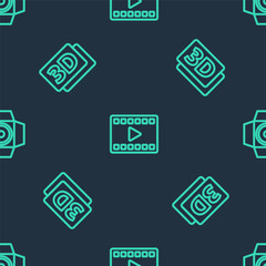 Set line Play Video, 3D word and Movie spotlight on seamless pattern. Vector.