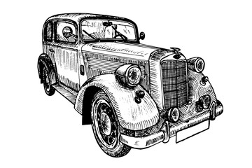 Hand drawn vector tracing vintage retro car, doodle sketch graphics monochrome illustration on white background