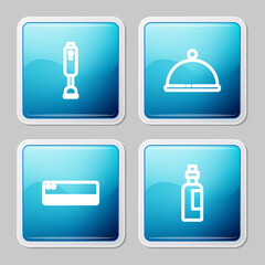 Set line Blender, Covered with tray, Air conditioner and Bottle of olive oil icon. Vector.