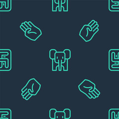 Set line Elephant, Indian symbol hand and Hindu swastika on seamless pattern. Vector.