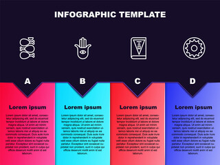 Set line Tandoori chicken, Hamsa hand, India constitution day and Chakra. Business infographic template. Vector.