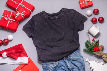 Shabby Black Tshirt Flat Lay Mockup, Christmas ornaments and decor