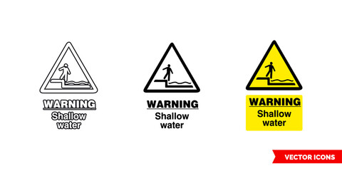 Warning shallow water hazard sign icon of 3 types color, black and white, outline. Isolated vector sign symbol.
