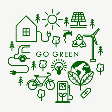 A collection of vector icons from the go green campaign movement. Suitable for design elements of the movement to preserve nature, reduce pollution and renewable energy. Go green campaign symbol
