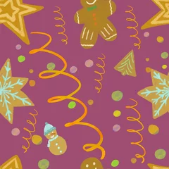 Poster seamless pattern with ginger biscuits of christmas shapes, golden tinsel, serpentine on pink background. Hand drawing holidays cooking. Print, packaging, wallpaper, textile, stationery, food © Kate