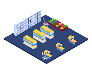 People buyin groceries in a supermarket isometric 3d vector