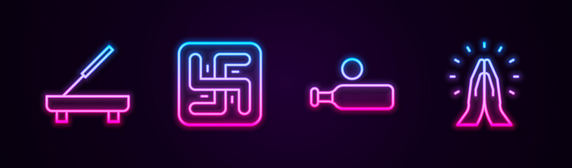 Set line Scented spa stick, Hindu swastika, Wood cricket bat and ball and Hands praying position. Glowing neon icon. Vector.