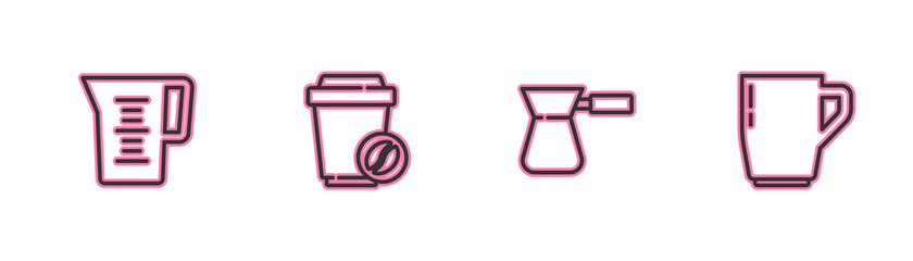 Set line Jug glass with water, Coffee turk, cup to go and icon. Vector.