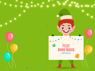 Cartoon Elf Character Holding Happy New Year Message Paper In Italian Language And Lighting Garland On Green Background.