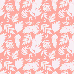 Fototapeta na wymiar Seamless pattern with leaves on pastel pink background. Different kinds of white leaves. Design for fashion textile, greeting card, wrapping paper, curtains.