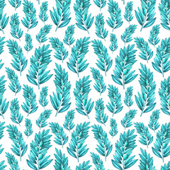 Watercolor seamless pattern with turquoise olive brunches. Hand drawn brunches of olives tree isolated on white background. Cute pattern design for home textile, decor, wedding decor, invitations.