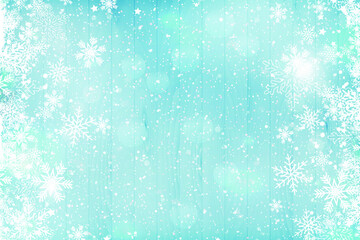 Fototapeta premium Christmas white wooden background with snowflakes. New Year and Christmas background. Snowflakes on a turquoise wooden background. Xmas holiday frame. Minimalist.Copy space.Flat lay.Vector illustratio