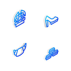 Set Isometric line Woman shoe, Gargoyle on pedestal, Croissant and Macaron cookie icon. Vector.