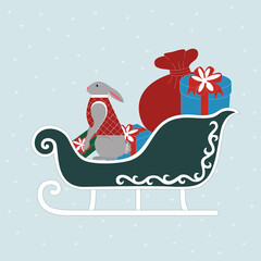 Christmas sleigh with a hare in a checked vest and a bag of gifts. Vector illustration. Christmas card.