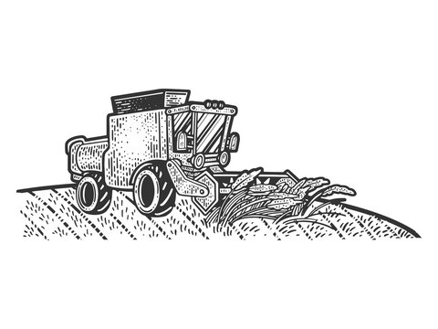 recommend clip art: combine harvester in wheat field sketch engraving vector illustration. T-shirt apparel print design. Scratch board imitation. Black and white hand drawn image.
