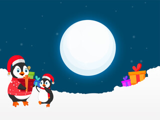 Cartoon Penguins Character With Gift Boxes And Snowy On Full Moon Blue Background.