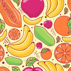 Seamless pattern cute fruits on yellow pastel background. Banana, Papaya, Apple, Orange