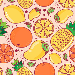 seamless pattern with fruits. pineapple, mango, lemon, orange