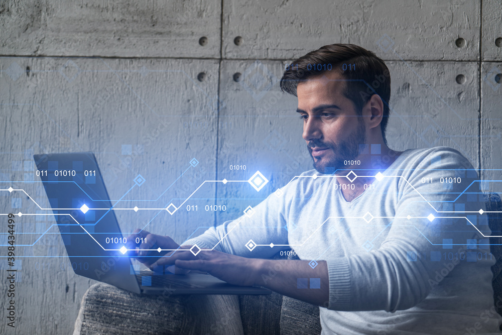 Poster a serious caucasian man in casual wears, typing laptop to create a new developers code for app. doub
