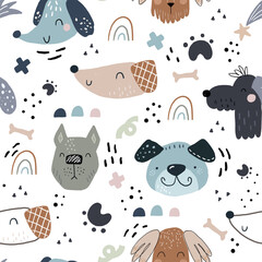 Childish seamless pattern with hand drawn dogs. Trendy scandinavian vector background. Perfect for kids apparel,fabric, textile, nursery decoration,wrapping paper - 398434422