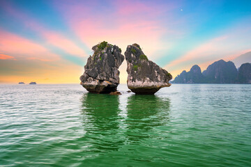 Dreamy sunset among the rocks of Halong Bay, Vietnam, This is the UNESCO World Heritage Site, it is...