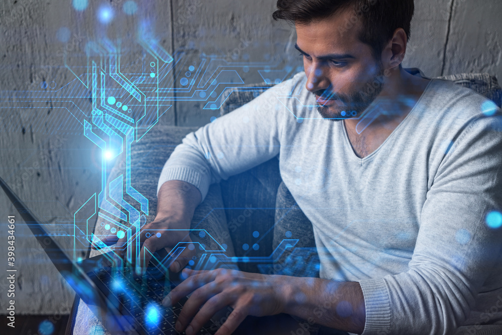 Poster a serious caucasian man in casual wears, typing laptop to create a new developers code for app. doub
