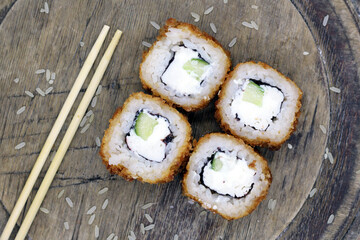 Hot vegetable Japanese rolls, Asian food, top view