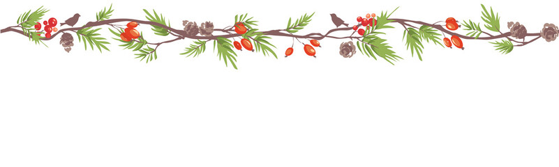 Naklejka premium Christmas seamless backgrounds. Vector illustration with fir branches, red berries and cones.